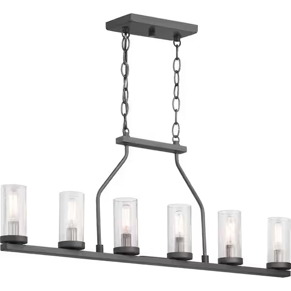 Progress Lighting 1002 910 734 | Hartwell 34 in. 6-Light Graphite Farmhouse Island Chandelier with Antique Nickel Accents and Clear Seeded Glass