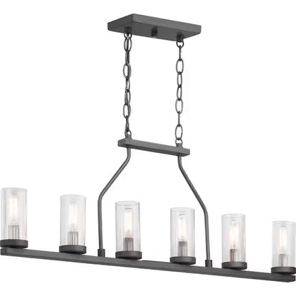 Progress Lighting 1002 910 734 | Hartwell 34 in. 6-Light Graphite Farmhouse Island Chandelier with Antique Nickel Accents and Clear Seeded Glass