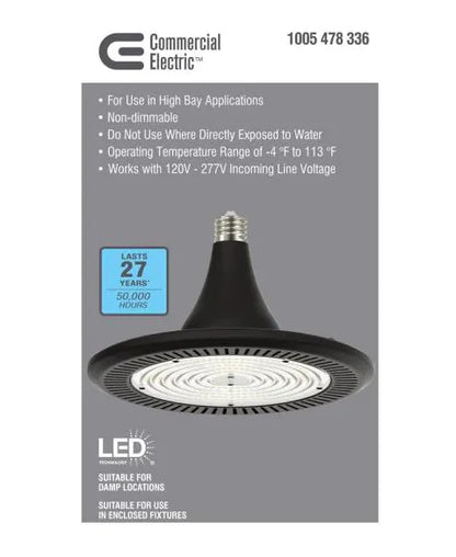 Commercial Electric 1005 478 336 | 1 Foot 400 Watt Equivalent Integrated LED Black High Bay Light 5000K