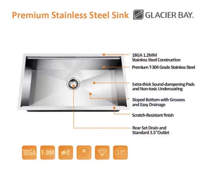 Glacier Bay 1004094255 | Zero Radius 27 in. Undermount Single Bowl 18 Gauge Stainless Steel Kitchen Sink with Accessories
