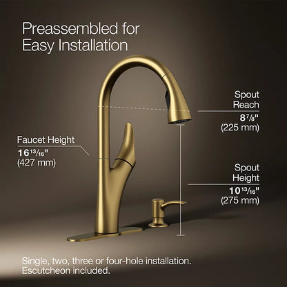 Kohler 1PREC26448-SD-2MB-AA | Transitional Pull Down Kitchen Faucet 1PREC26448-SD-2MB-AA Brushed Gold