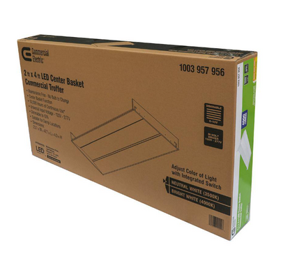 Commercial Electric 1003 957 956 | 1-Pack 2 ft. x 4 ft. White Selectable CCT Integrated LED Center Basket Troffer Light Fixture at 4000 Lumens, 3500-4000K