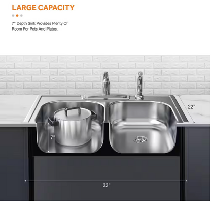 Glacier Bay 755 731 | 33 in. Drop-In 50/50 Double Bowl 22 Gauge Stainless Steel Kitchen Sink