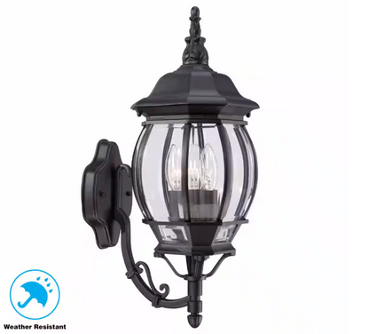 Hampton Bay 882 582 | Hampton Bay Black 3-Light Outdoor Line Voltage Hardwired Porch Light Wall Sconce with No Bulbs Included