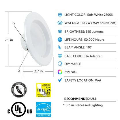 Feit Electric LEDR56 | Feit Electric Enhance 5-6 in. Trim LED 10.2W (75W Eq.) 925 Lumens 2700K White Recessed Light