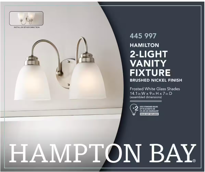 Hampton Bay 445 997 | Hamilton 2-Light Brushed Nickel Vanity Light with Frosted Glass Shades