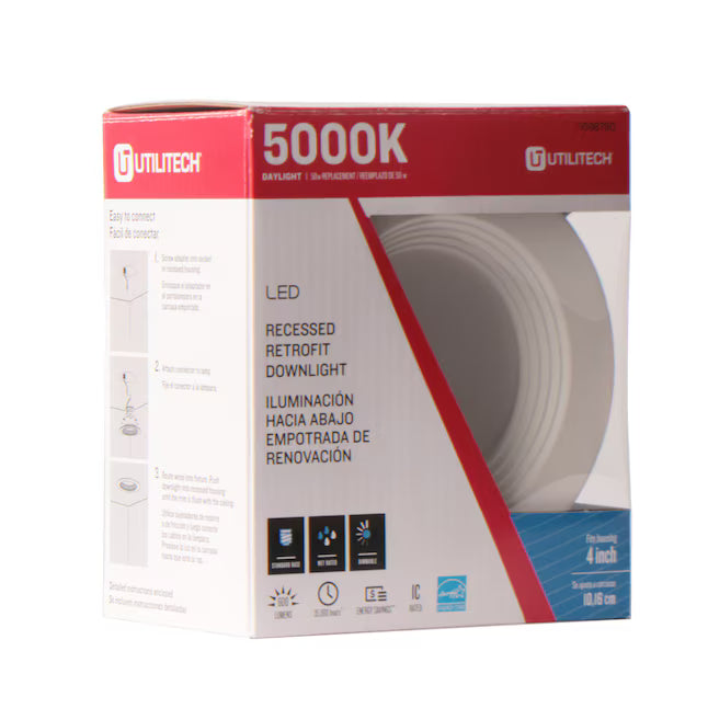 Utilitech 1098780 | White 4-in 600 -Lumens Cool Daylight Round Dimmable Damp rated Recessed Downlight