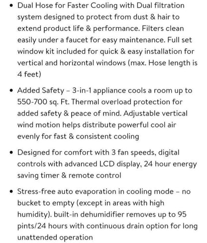 Honeywell Dual Hose Portable Air Conditioner Black Model #MN14CCDBB | Open Box, Not used
