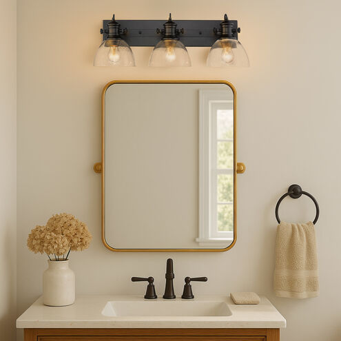 Golden Lighting 3118-BA3 BLK-SD | Hines 3 Light 25 inch Matte Black Bath Vanity Wall Light in Seeded Glass