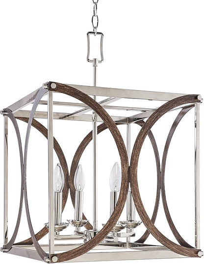Decor Therapy CH1972 | Leith 4-Light Polished Nickel and Wood Modern/Contemporary Square Hanging Pendant Light