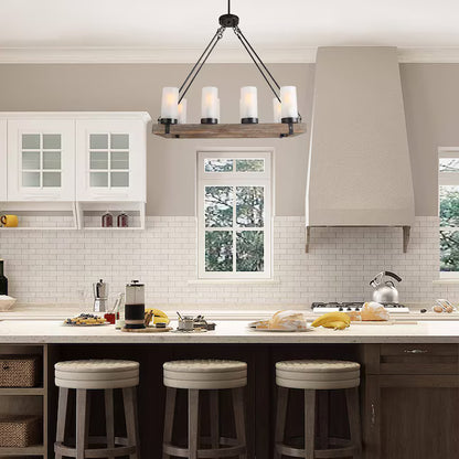 LNC A02988 | Laius 8 -Light Black and Distressed Wood Linear Farmhouse Frosted Glass Linear Large Hanging Kitchen Island Light