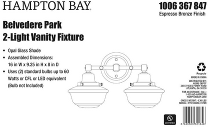 Hampton Bay 1006 367 847 | Belvedere Park 16 in. 2-Light Espresso Bronze Farmhouse Bathroom Vanity Light with Frosted Opal Glass Shades
