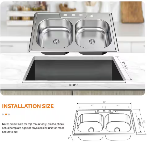 Glacier Bay 755 731 | 33 in. Drop-In 50/50 Double Bowl 22 Gauge Stainless Steel Kitchen Sink