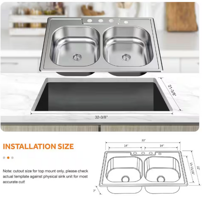 Glacier Bay 755 731 | 33 in. Drop-In 50/50 Double Bowl 22 Gauge Stainless Steel Kitchen Sink