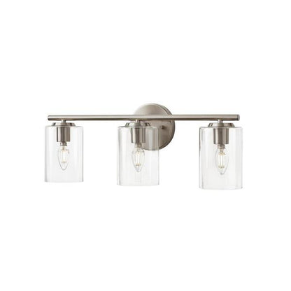Hampton Bay 1006 326 864 | Champlain 22.375 in. 3-Light Brushed Nickel Modern Bathroom Vanity Light with Clear Glass Shades