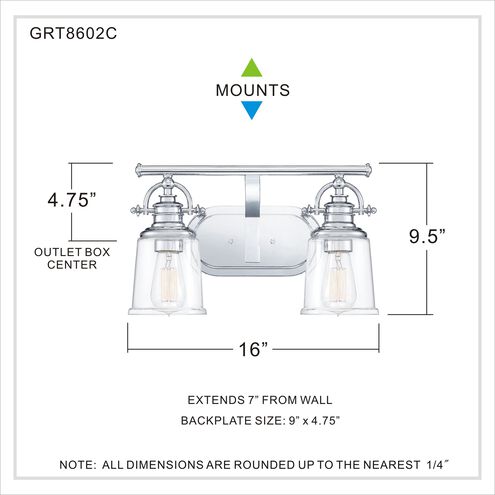 Quoizel GRT8602C | Grant 2 Light 16 inch Polished Chrome Bath Light Wall Light, Medium