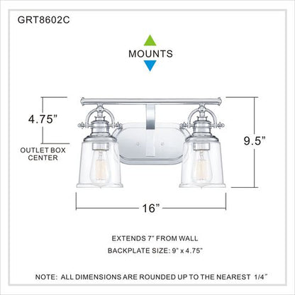 Quoizel GRT8602C | Grant 2 Light 16 inch Polished Chrome Bath Light Wall Light, Medium