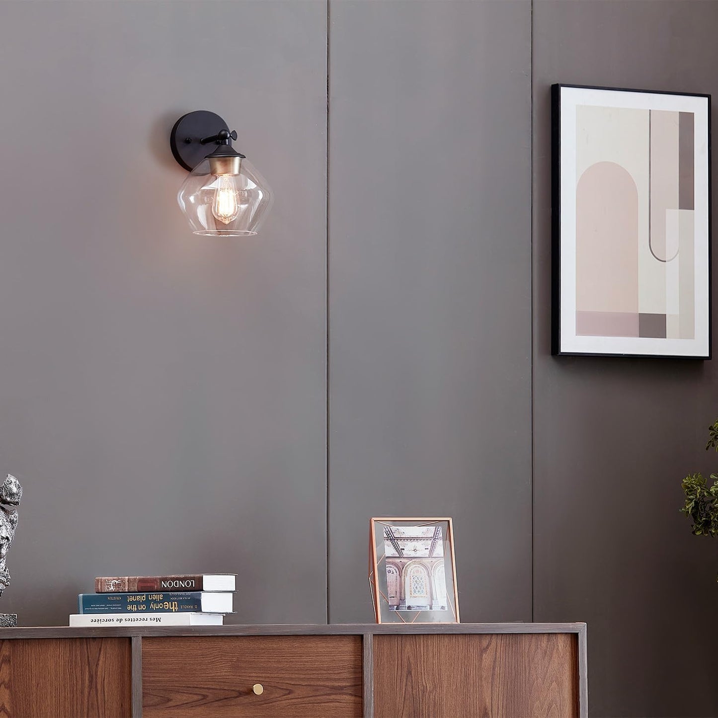 Globe Electric 058219513675 | Harrow 1-Light Matte Black Wall Sconce w/Clear Glass Shade