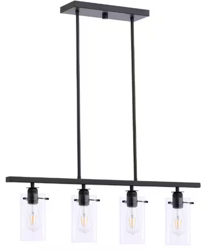Hampton Bay 1006 322 810 | Regan 4-Light Matte Black Island Chandelier with Clear Glass Shades, Industrial Linear Kitchen Pendant Light