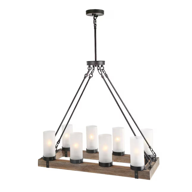 LNC A02988 | Laius 8 -Light Black and Distressed Wood Linear Farmhouse Frosted Glass Linear Large Hanging Kitchen Island Light