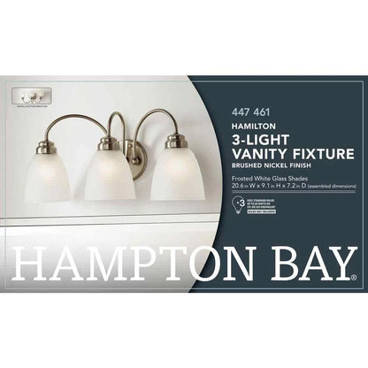 Hampton Bay 447 461 | Hamilton 3-Light Brushed Nickel Vanity Light with Frosted Glass Shades