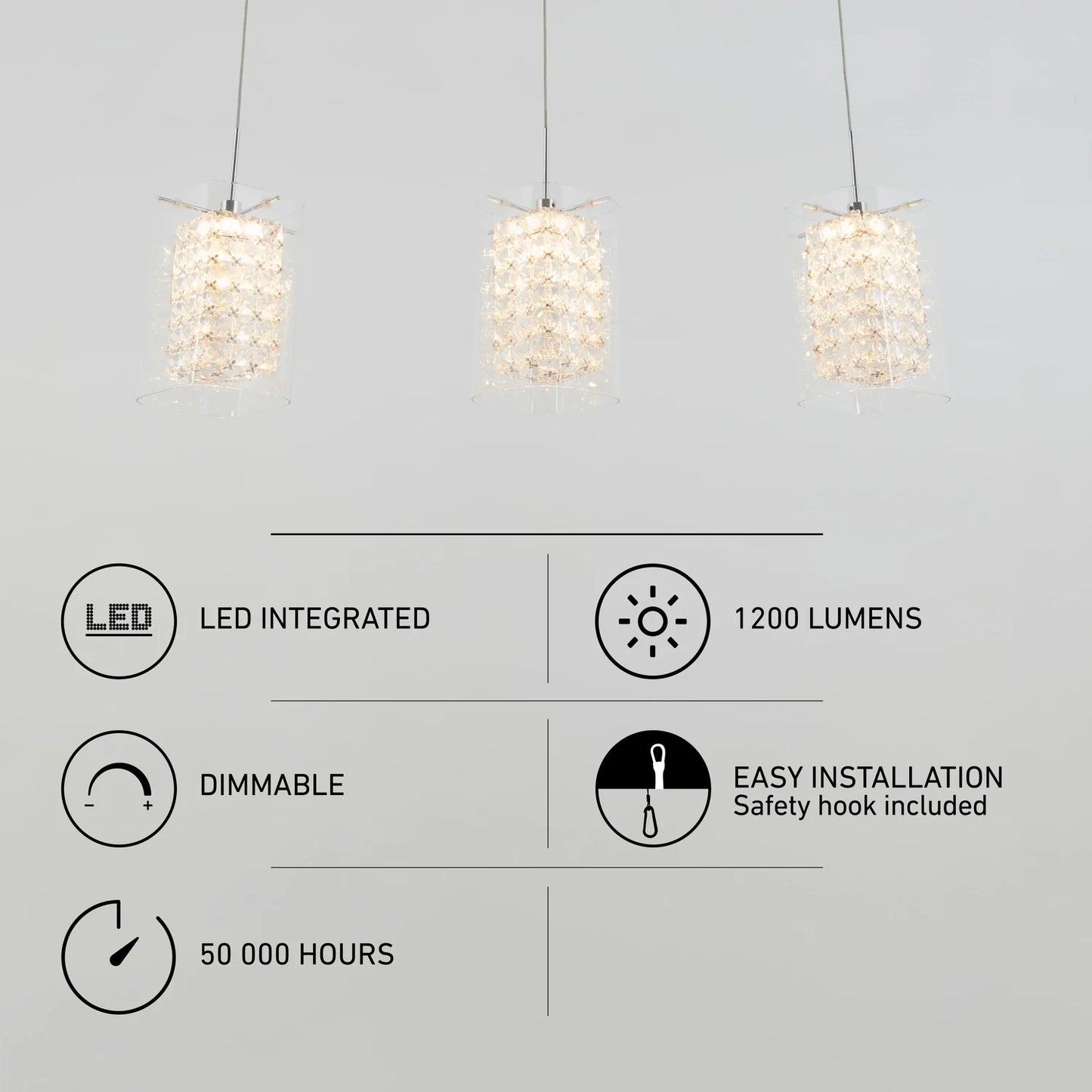 Artika PDT-3CC | Crystal Cube 3-Light LED Pendant Light in Chrome Finish
