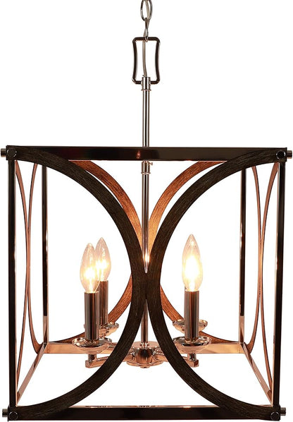 Decor Therapy CH1972 | Leith 4-Light Polished Nickel and Wood Modern/Contemporary Square Hanging Pendant Light