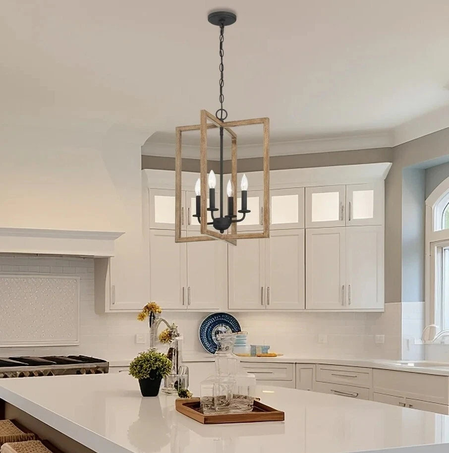 Hatteras Pendant BD21039-BOW | 4-Light Matte Black Rectangle Mini-Pendant with Wood Accents