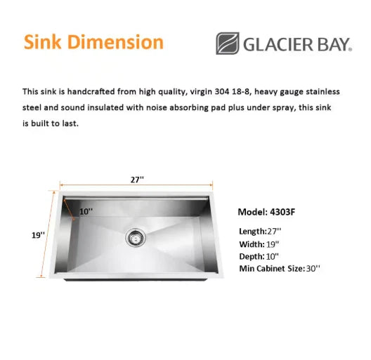 Glacier Bay 1004094255 | Zero Radius 27 in. Undermount Single Bowl 18 Gauge Stainless Steel Kitchen Sink with Accessories