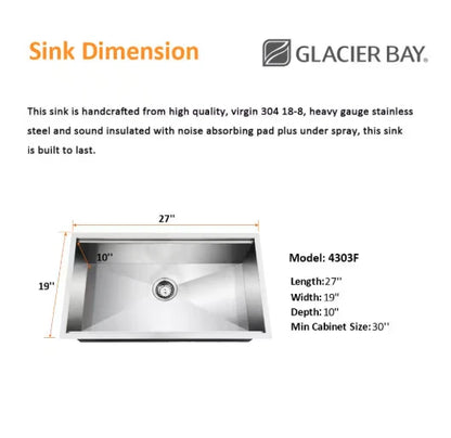 Glacier Bay 1004094255 | Zero Radius 27 in. Undermount Single Bowl 18 Gauge Stainless Steel Kitchen Sink with Accessories