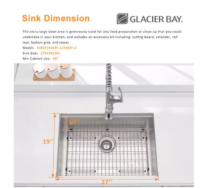 Glacier Bay 1004094255 | Zero Radius 27 in. Undermount Single Bowl 18 Gauge Stainless Steel Kitchen Sink with Accessories