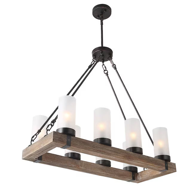 LNC A02988 | Laius 8 -Light Black and Distressed Wood Linear Farmhouse Frosted Glass Linear Large Hanging Kitchen Island Light
