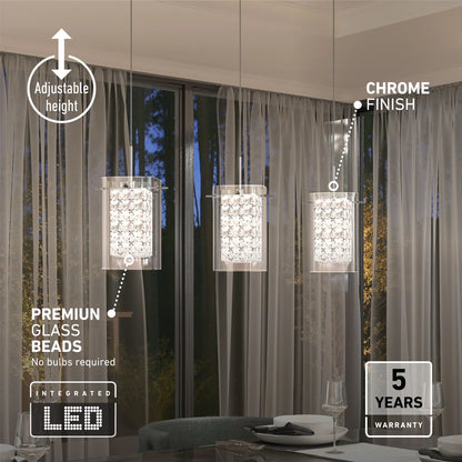 Artika PDT-3CC | Crystal Cube 3-Light LED Pendant Light in Chrome Finish