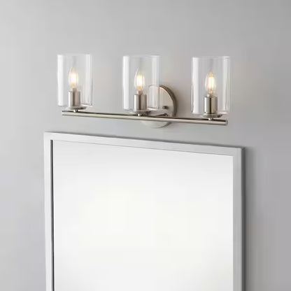 Hampton Bay 1006 326 864 | Champlain 22.375 in. 3-Light Brushed Nickel Modern Bathroom Vanity Light with Clear Glass Shades