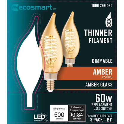 EcoSmart 1006 299 535 | (3-Pack) 60-Watt Equivalent BA11 Dimmable E12 Candelabra Fine Bendy Filament LED Vintage Edison Light Bulb Amber