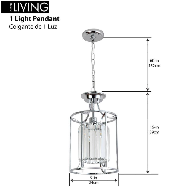 Decor Living P7093GB-CHR | Cecilia 1-Light Polished Chrome Cage Pendant with Crystal Shade