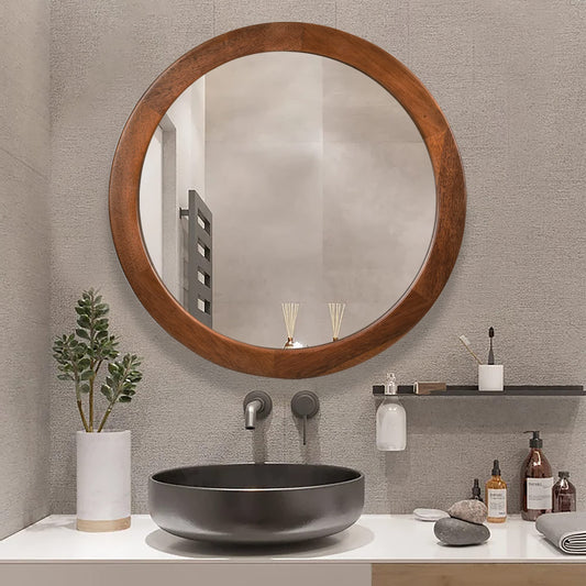 Round Wood Mirror 24 Inch,Circle Mirror with Walnut Frame