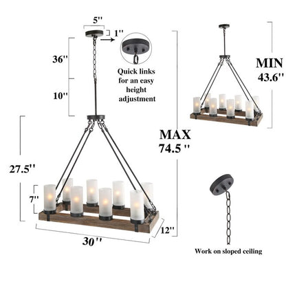 LNC A02988 | Laius 8 -Light Black and Distressed Wood Linear Farmhouse Frosted Glass Linear Large Hanging Kitchen Island Light