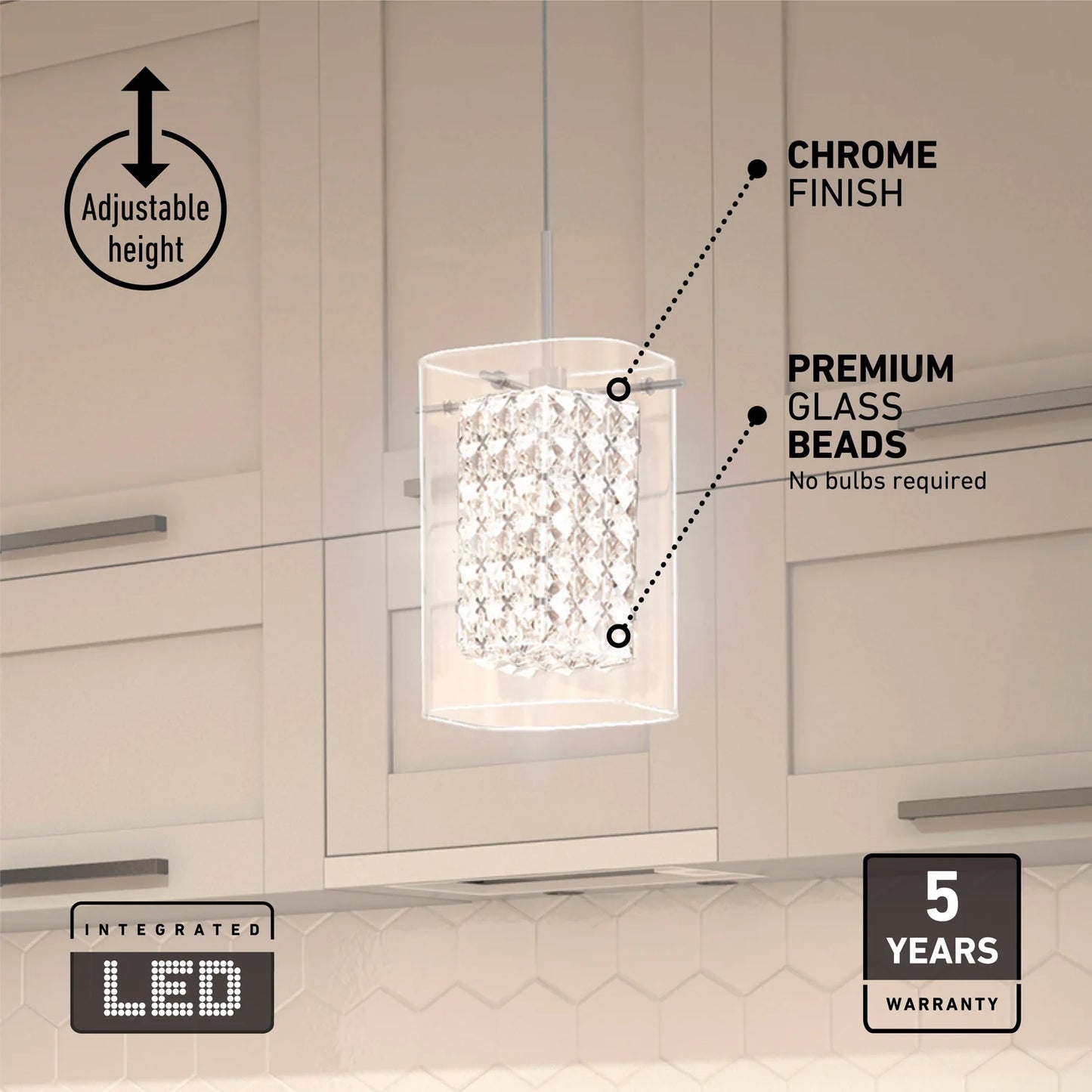 Artika PDT-1CC | Crystal Cube 1-Light LED Pendant Light in Chrome Finish