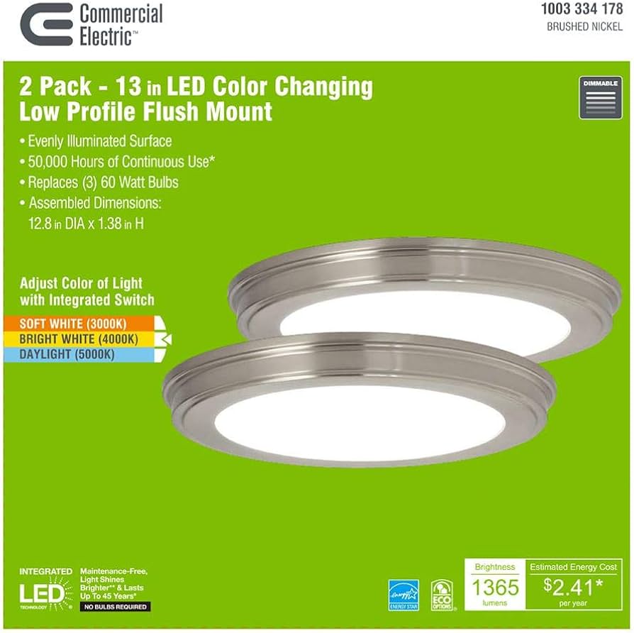 Commercial Electric 1003 334 178 | (2-Pack) 13 in. Brushed Nickel Color Changing LED Ceiling Flush Mount