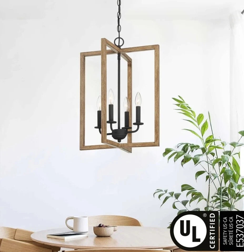 Hatteras Pendant BD21039-BOW | 4-Light Matte Black Rectangle Mini-Pendant with Wood Accents