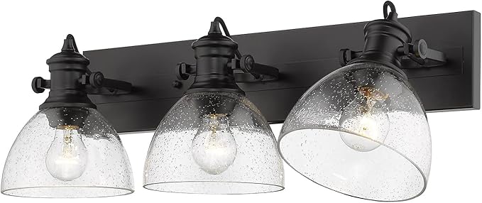 Golden Lighting 3118-BA3 BLK-SD | Hines 3 Light 25 inch Matte Black Bath Vanity Wall Light in Seeded Glass