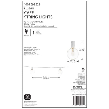 Hampton Bay 1005 698 523 | 12-Light 12 ft. Outdoor/Indoor Plug-In Incandescent G50 Bulb String Light