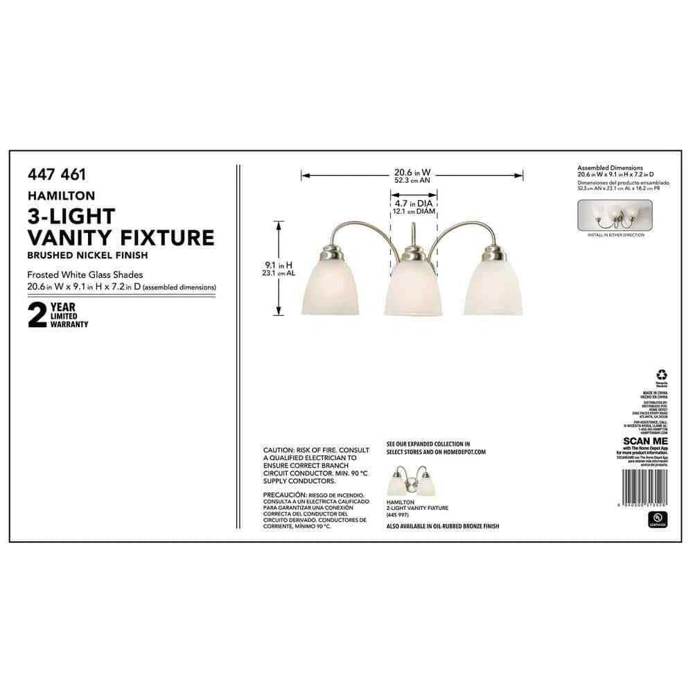 Hampton Bay 447 461 | Hamilton 3-Light Brushed Nickel Vanity Light with Frosted Glass Shades