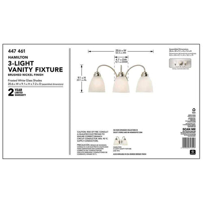 Hampton Bay 447 461 | Hamilton 3-Light Brushed Nickel Vanity Light with Frosted Glass Shades