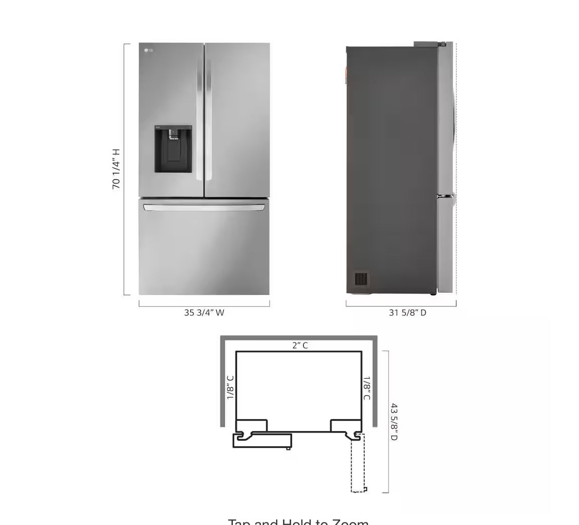 LG
26 cu. ft. Smart Counter-Depth MAX French Door Refrigerator with Dual Ice Makers in PrintProof Stainless Steel Model # LRFXC2606S