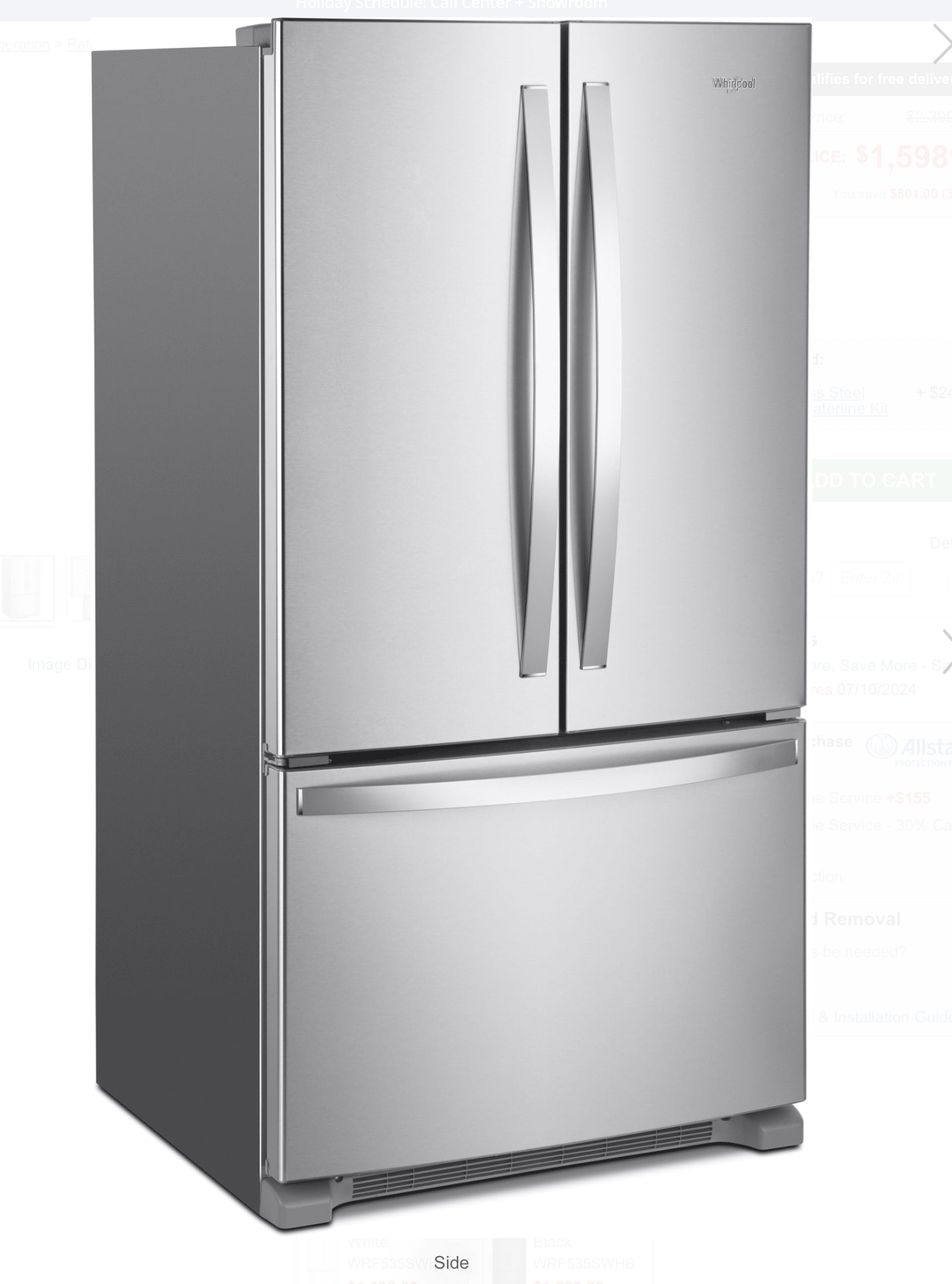 WHIRLPOOL ( WRF535SWHZ10 ) 36 Inch French Door Refrigerator with 25 Cu. Ft. Capacity, FreshFlow™ Produce Preserver, Temperature-Controlled Drawer, Adaptive Defrost, Ice Maker, Interior Water Dispenser, EveryDrop™ Water Filtration, and ENERGY STAR® Certifi