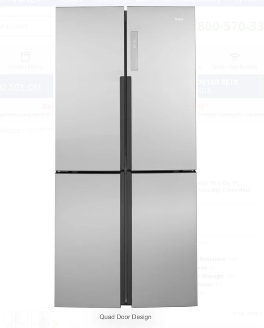 33 Inch Quad Door Counter Depth Refrigerator with 16.4 Cu. Ft. Capacity, Adjustable Shelves, Digital Controls, Humidity Controlled Drawer, Sabbath Mode QHE16HYPAFS