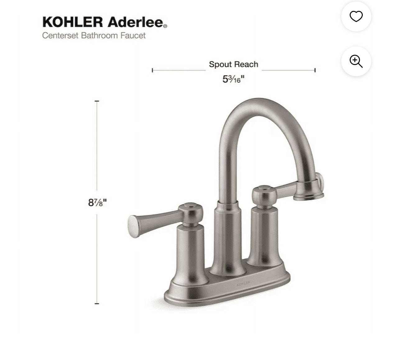 Kohler Aderlee 1.2GPM Center-Set Bathroom Sink Faucet, Brushed Nickel