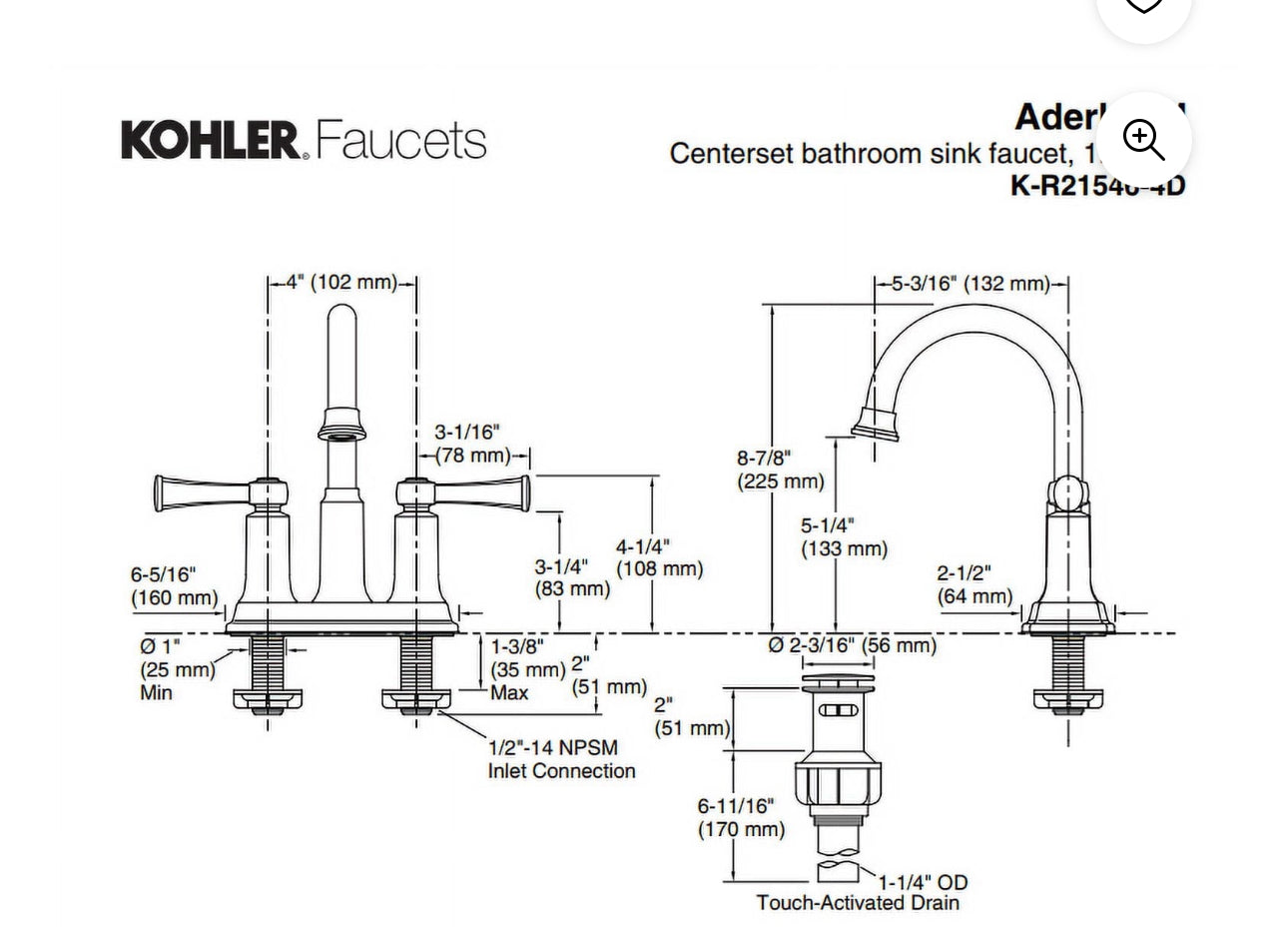 Kohler Aderlee 1.2GPM Center-Set Bathroom Sink Faucet, Brushed Nickel